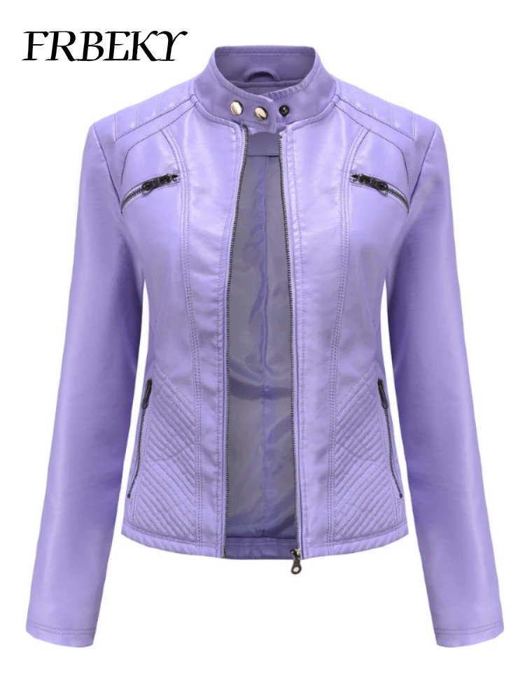 Women coat Autumn Casual Leather Jacket Standing Collar Long Sleeve Slim Solid Color Coat Streetwear Zipper 241115