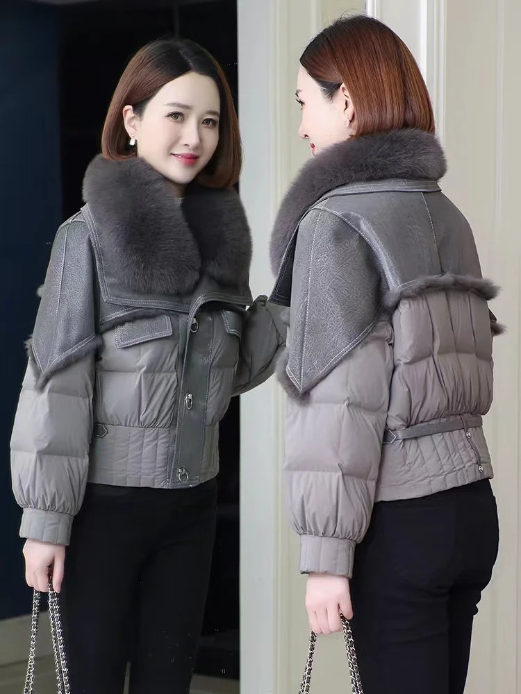 Womens down jacket 2024 winter 100 natural fur collar Short sheepskin fabric Equipped with rabbit inner lining coat 241115