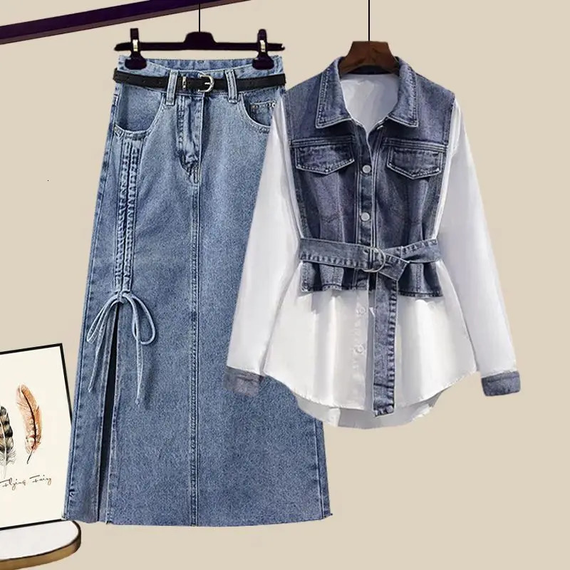 Spring Summer Loose Two Piece Dresses Set For Women Long Sleeve BlouseHigh Waist Denim Skirt twopiece Jeans Female 240415
