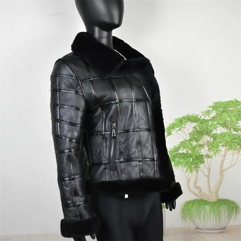 Real Sheep Skin Fur Splicing Autumn Winter Tops Warm Leather Coat Women Vest Fashion Motorcycle Clothing Sheepskin Crop top 241115
