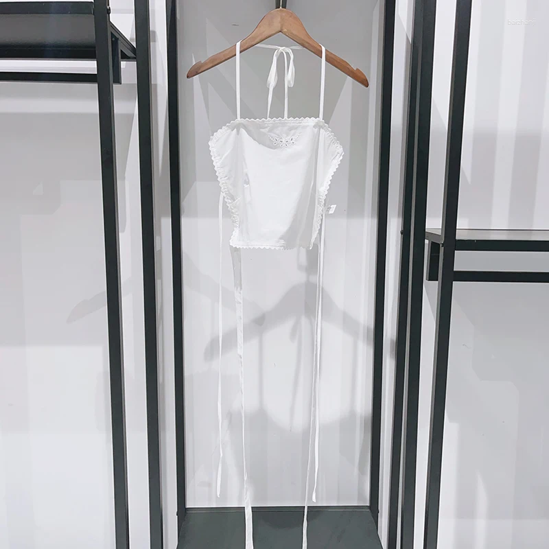 Womens Two Piece Pants Lady Flowers Hollow Out White Camisole Or Lace-Up Loose Waist Halterneck Sleeveless Tank Tops Set 2024 Summer