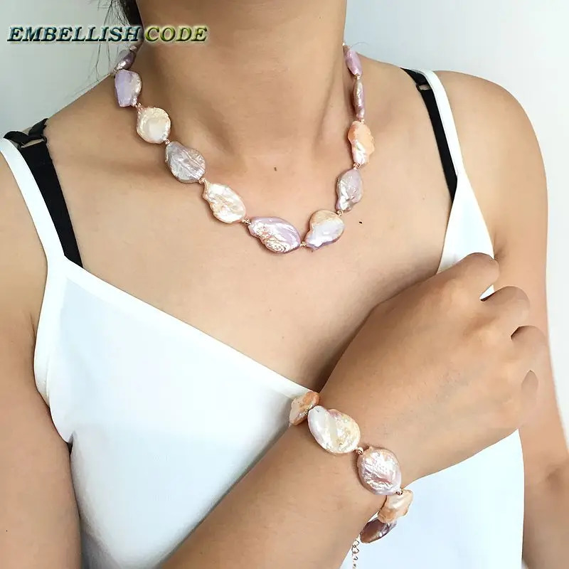 Special Rainbow Baroque Pearl Declaration Necklace Bracelet Hook Earring Set Rose Gold Plated Peach Colored Flat Coin 241115