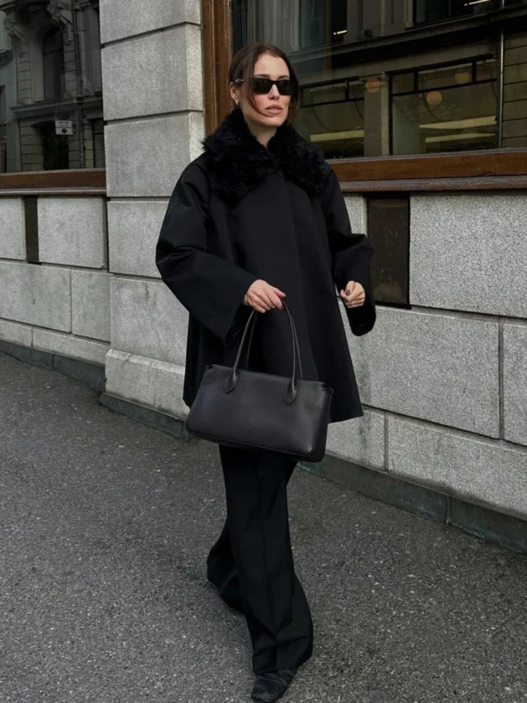 Black Fur Flip Collar Classic Full Sleeve Woman Jacket Elegant Solid Color Single Breasted Coat 2024 Lady Fall Streetwear 241115