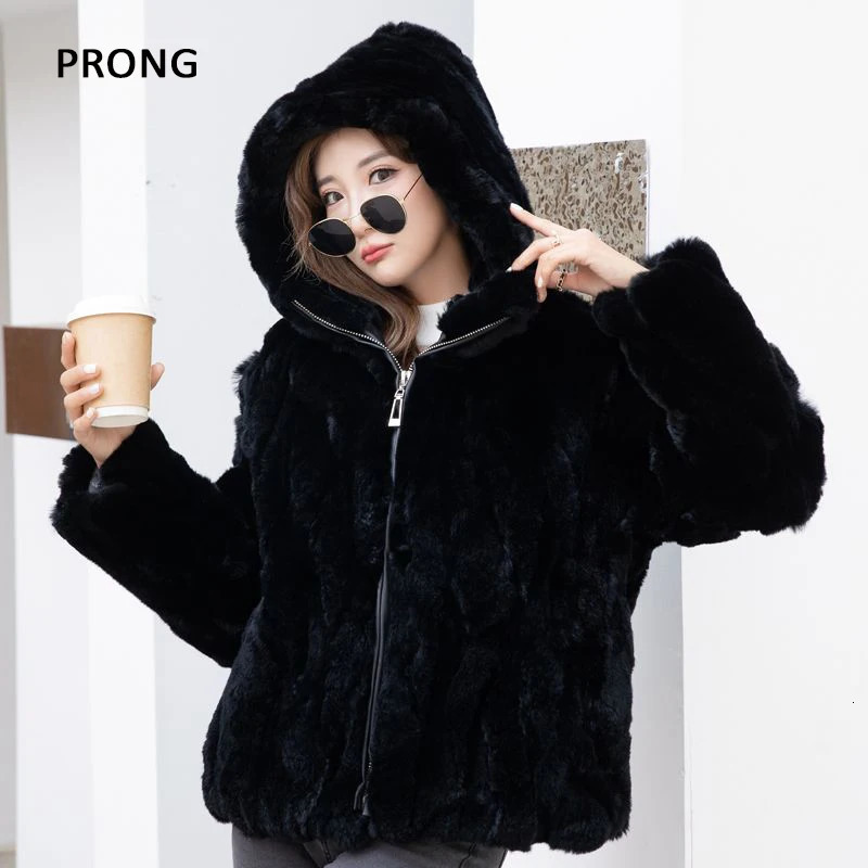 100 Real Rabbit Fur Coat Women Winter Loose Hooded Zipper Natural Fur Jacket Thick Warm Woman Clothing Female Furry Outerwears 241115