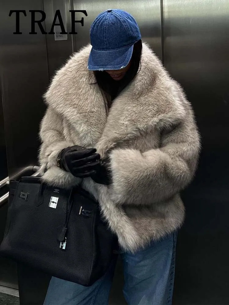 TRAF Faux Fur Cropped Jackets for Women Coats Thick Warm Soft Jacket Woman 2024 Long Sleeve Casual Winter Coat In Outerwear 241115