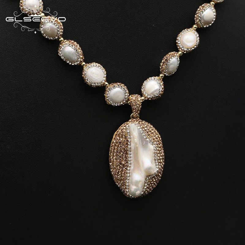 GLSEEVO Natural Baroque Pearl Womens Jewelry Necklace Bracelet Earring Set with Water Diamond Inlaid Dress Accessories 241115