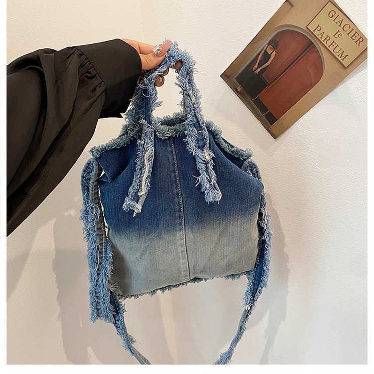 Washed gradient color hand-held denim bag 2024 new style wandering fashion crossbody bag lazy style personalized shoulder bag