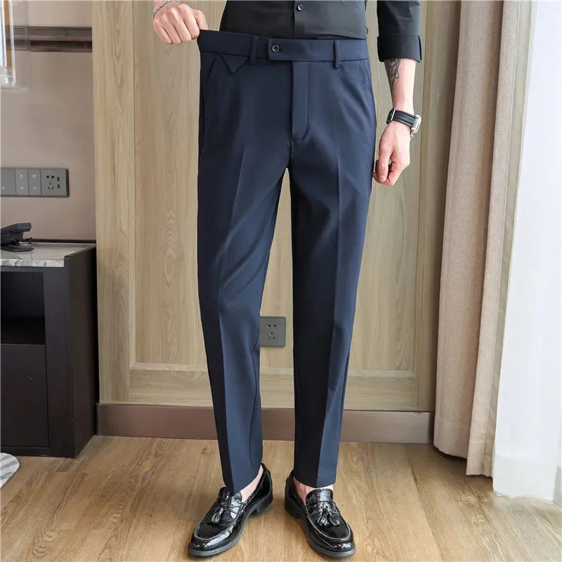 Mens set pants spring elastic waist solid slim fit dress for office casual mens wear 241115