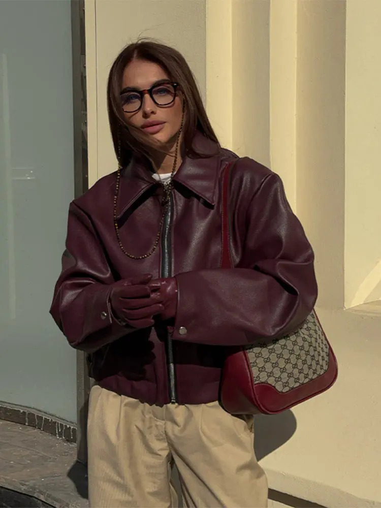 Vintage Wine Red Lapel Pu Womens Leather Jacket Zipper Chic Long Sleeved Casual Coats 2024 High Street Fashion Outerwear 241115