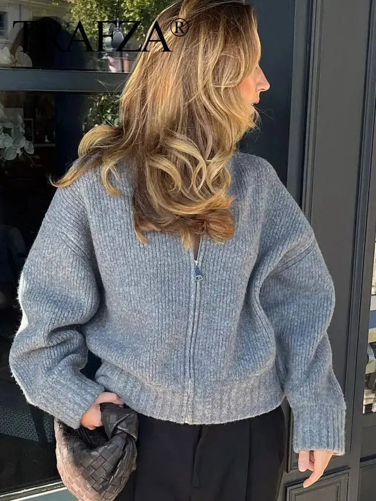 TRAFZA Women Vintage Solid Color Coat Long Sleeve Round Neck Sweater Jacket 2024 Spring Female Casual Zipper Coats 241115