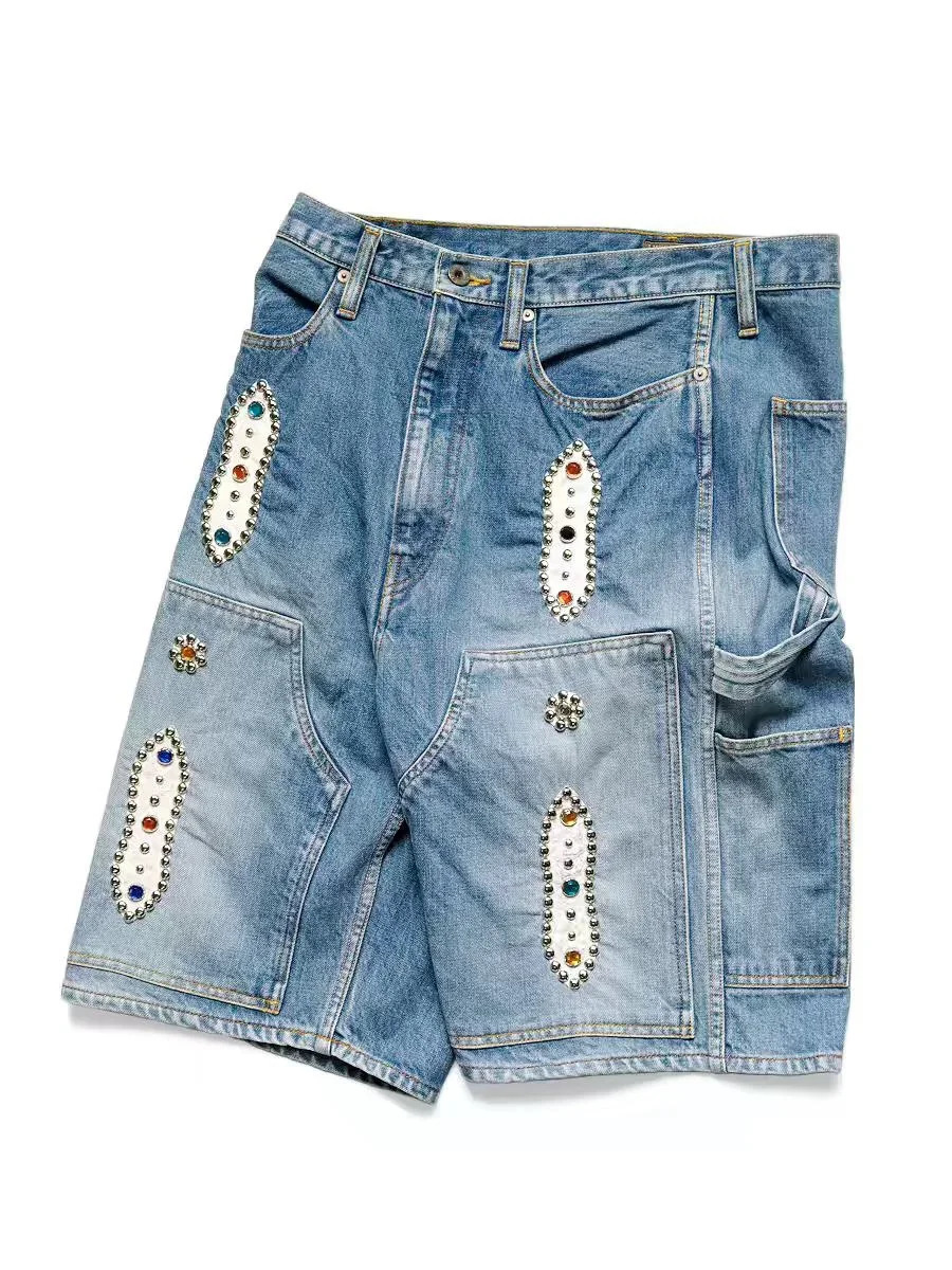KAPITAL Non Hirata Hohiro Cotton Beading Denim Mens Shorts Loose Relaxed Short Pants Women Casual Jean 240410
