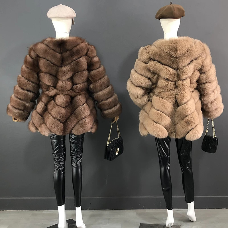 The Latest Fur Coat For Women Real Midlength Natural Jacket Hemline n Waist Belt And Drawstring 241115