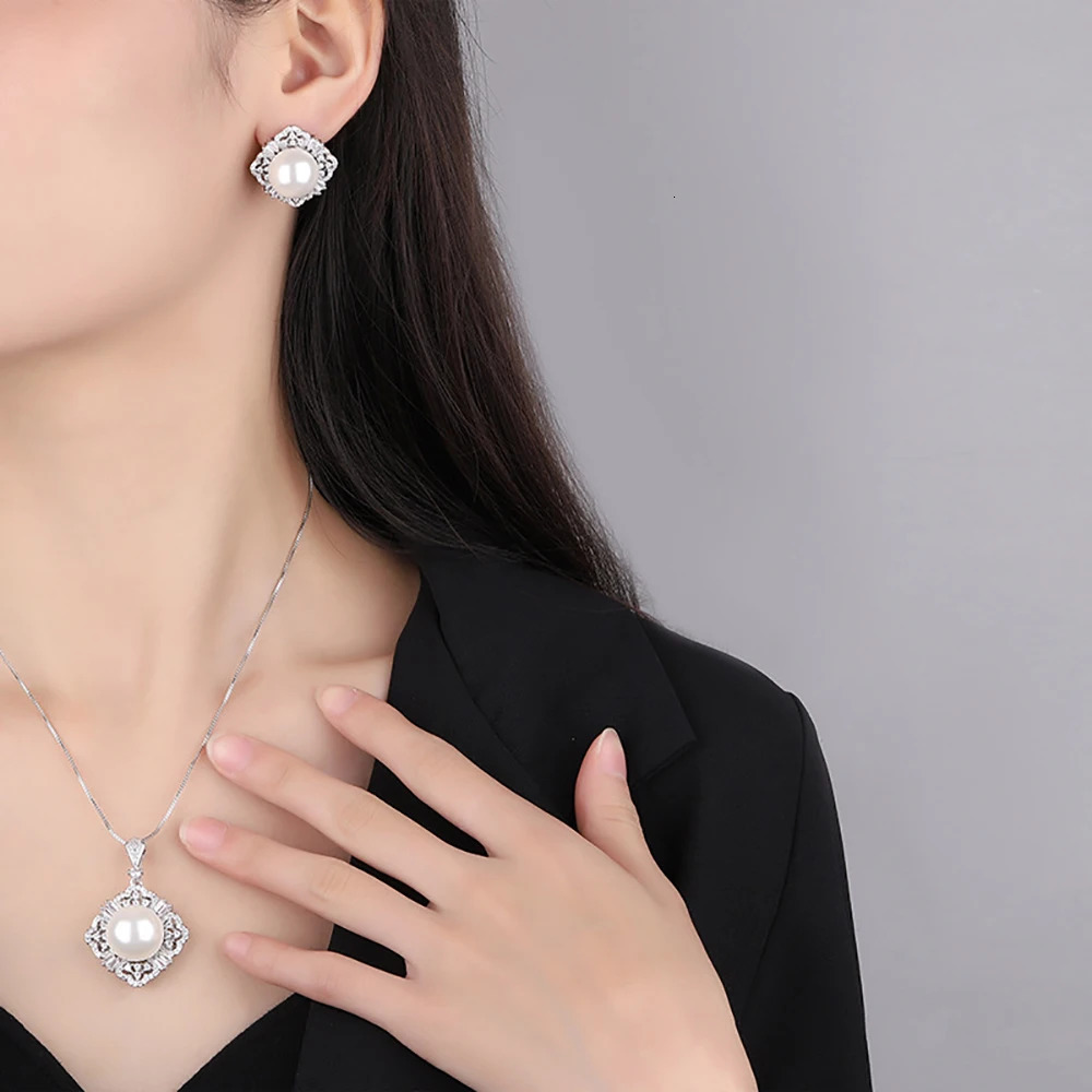 Charm 14-16mm white large pearl high carbon diamond pendant necklace earrings suitable for womens anniversary wedding party jewelry set 241115