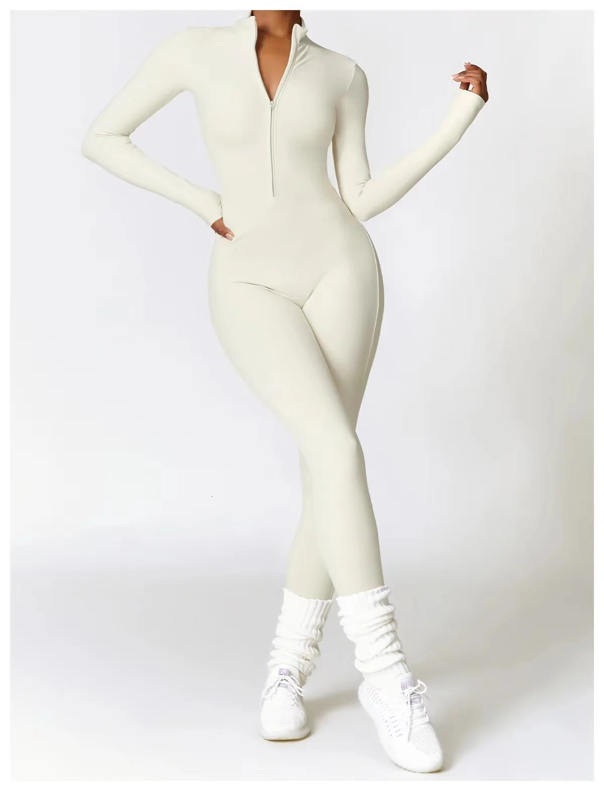 Winter Fleece Women's One-Piece Yoga Pants Long-Sleeved Warm Ski Overalls Outerwear High Elastic Cycg Bodybuilding Bodysuit