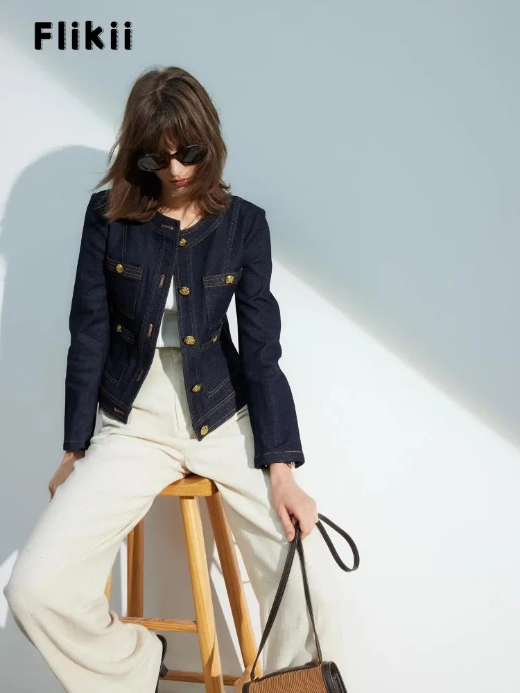 Womens French single chest loose Y2K jacket autumn casual bag wash round neck retro currency style denim jacket 241115