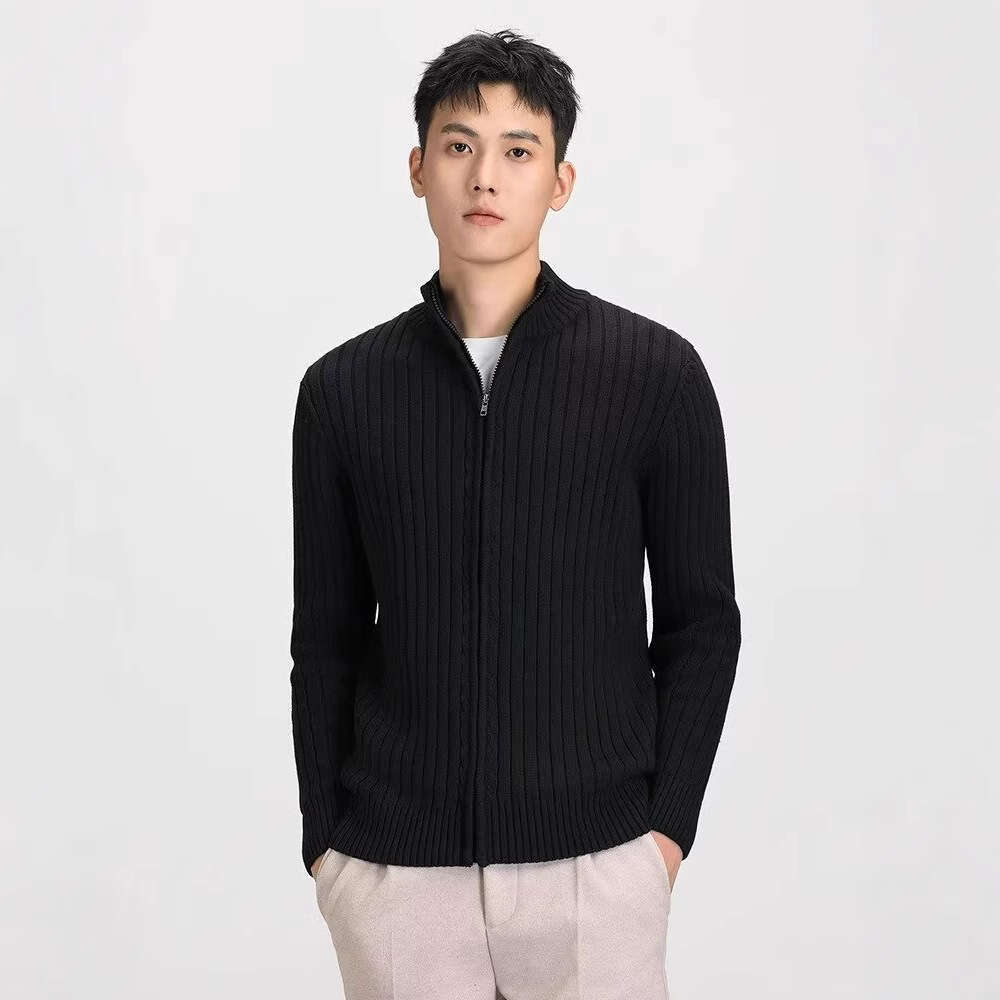 Stand Up Collar Knitted Cardigan Korean Version Slim Fit Jacket Men's Workplace Autumn And Winter Warm Woolen Sweater Gentleman Style