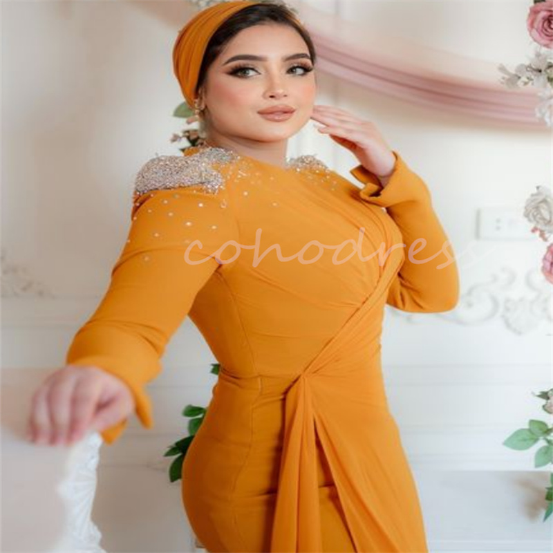 Fabulous Orange Arabic Evening Dress Elegant Mermaid Muslim Prom Dress Long Sleeve Kosovo Albanian Formal Party Gowns vestido de gala noche mujer 2025