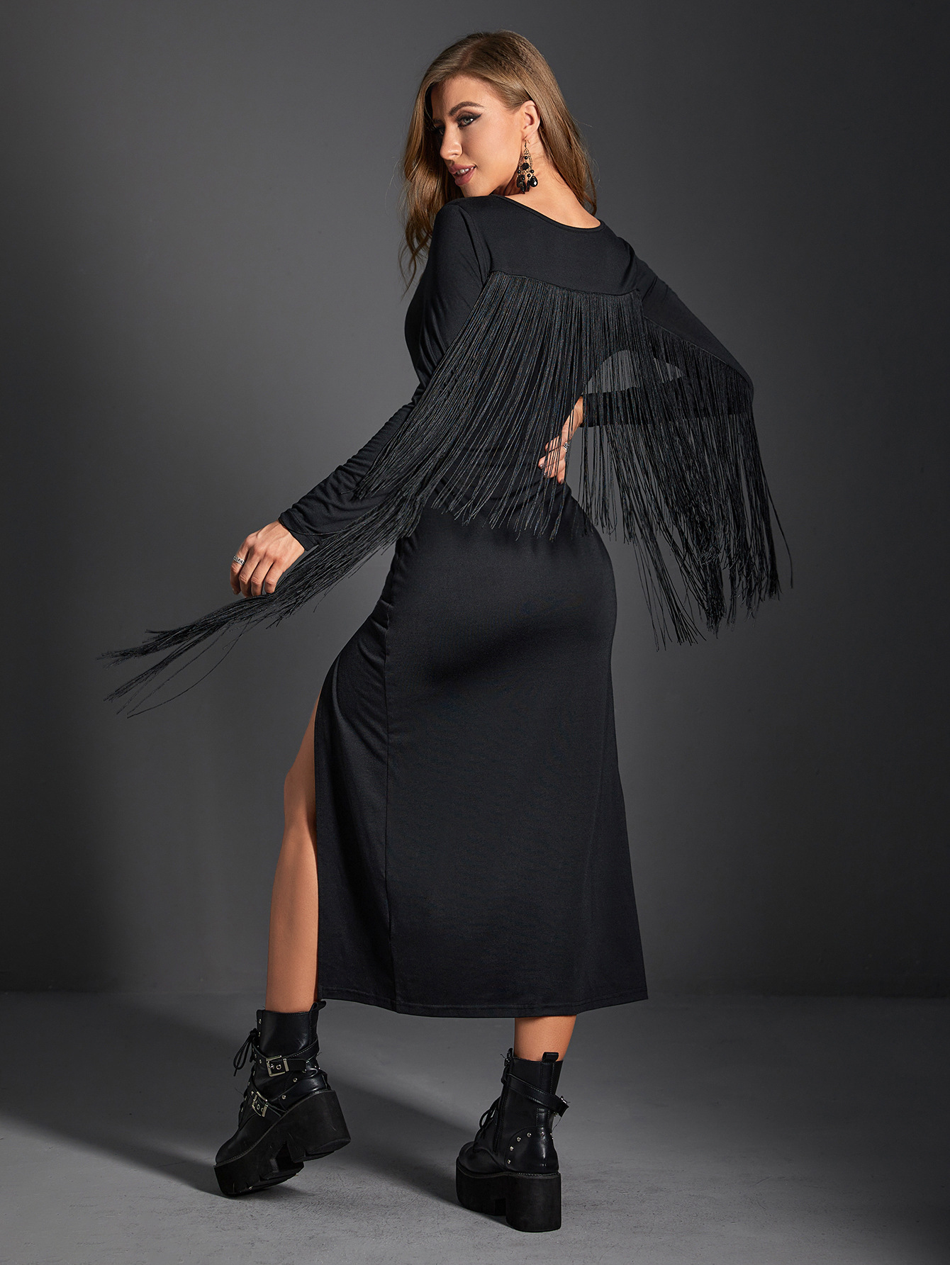 Basic & Casual Dresses Women's Gothic Retro Dark Tassel Waist Side Slit Dress