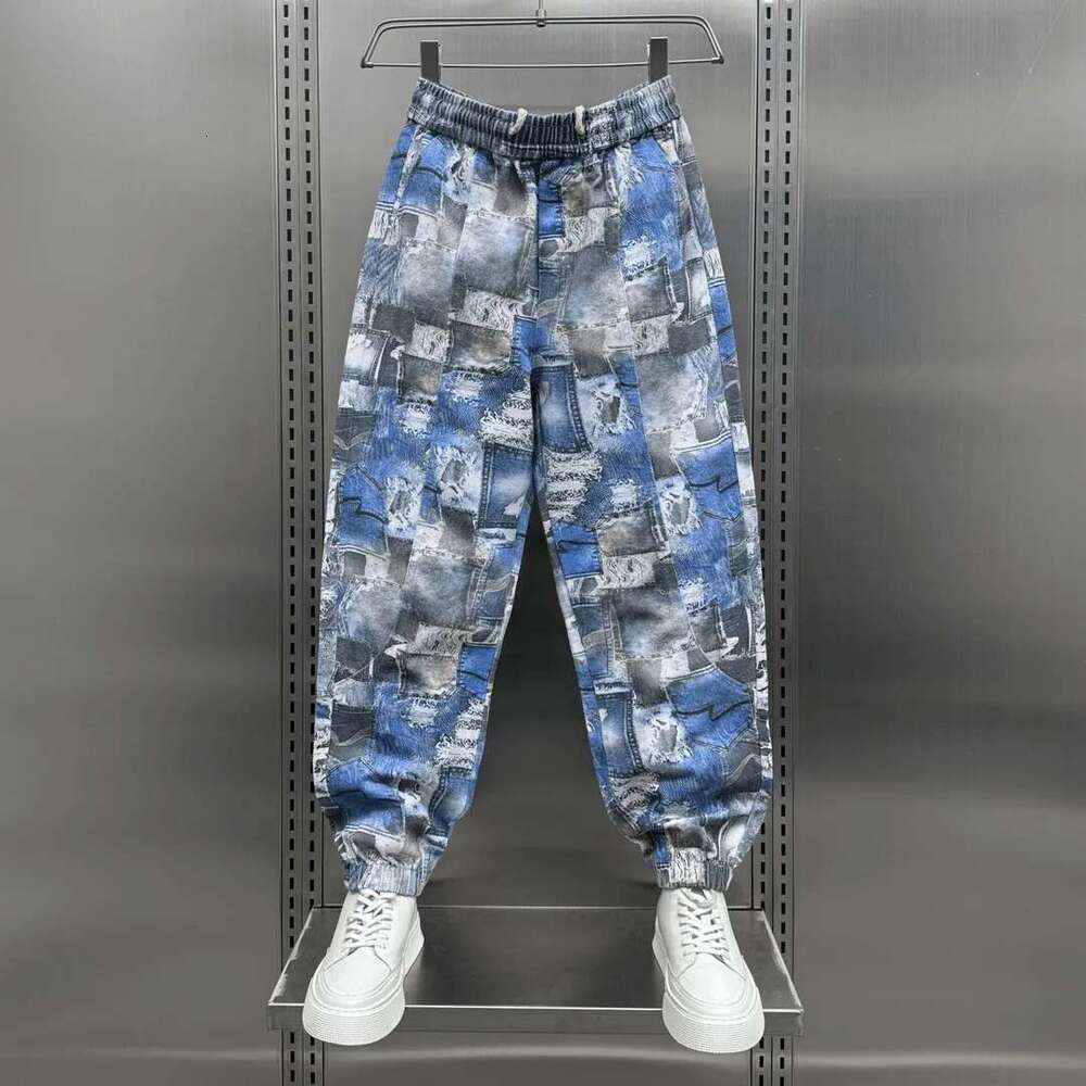 Blue Casual Jeans Fashion Plaid Trousers Outdoor Jogger Pants High Quality Brand Men Clothing