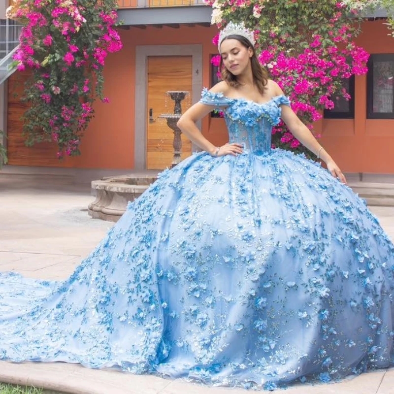Sky Blue Shiny Quinceanera Dresses Off The Shoulder Sequin Appliques Lace Beads Tull Ball Gown Birthday Formal Party Sweet 16 Dress