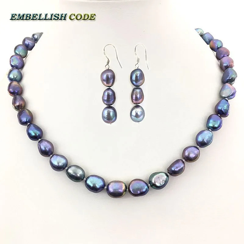Beautiful Baroque Irregular Pearls Natural Freshwater Pearl Necklace Earrings Set Peacock Blue Colorful Girl 241115