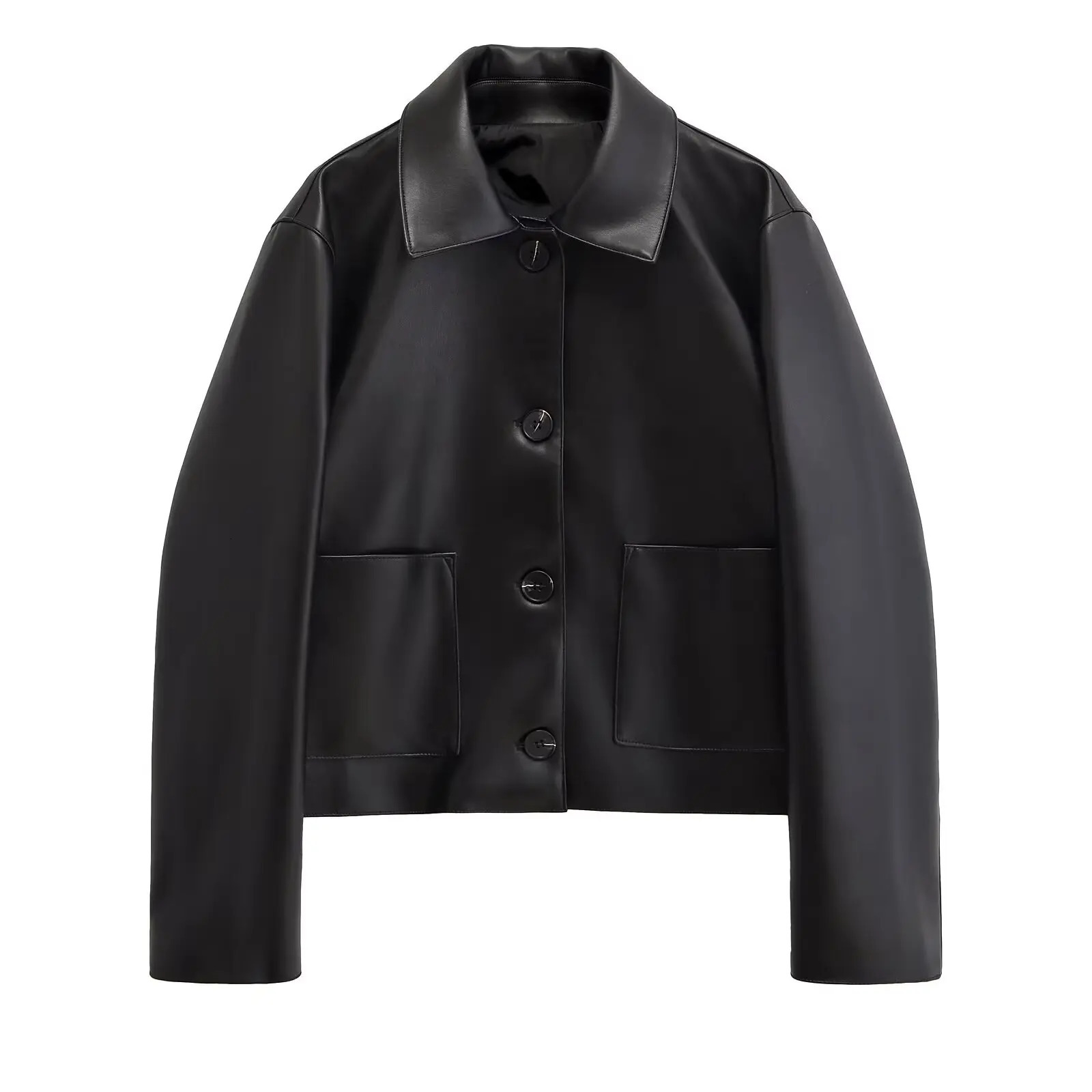 womens leather jacket with pockets single breasted decoration short fashion commuting leisure versatile long sleeved t 241114