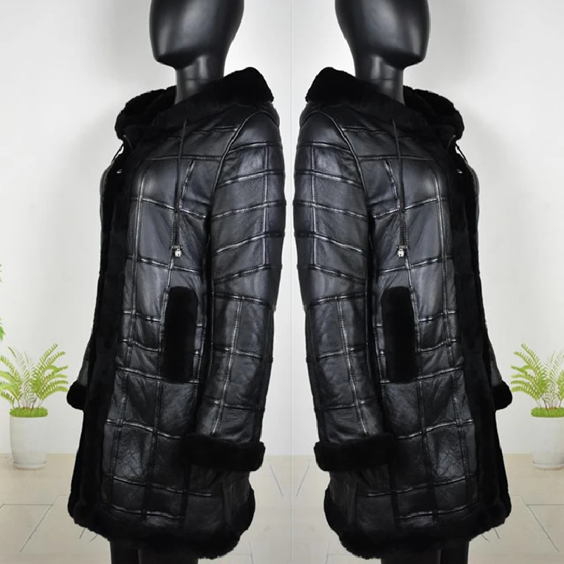 Real Sheep Skin Fur Splicing Winter Extended Tops Warm Leather Coat Women Vest Clothing Hat Sheepskin Long 241115