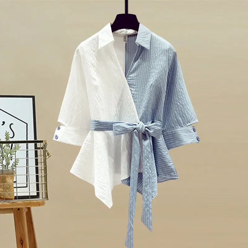 Summer Stitched Chiffon Shirt Female Set Elegant Womens Jeans Casual Blouse Two Piece Ladies Tracksuits 240407