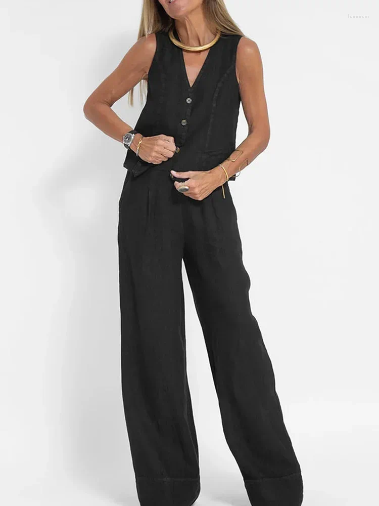 Women's Two Piece Pants Vintage Office Lady Elegant Pant Sets Casual Women 2 Sleeveless V Neck Vest High Waist Wide Leg Suit