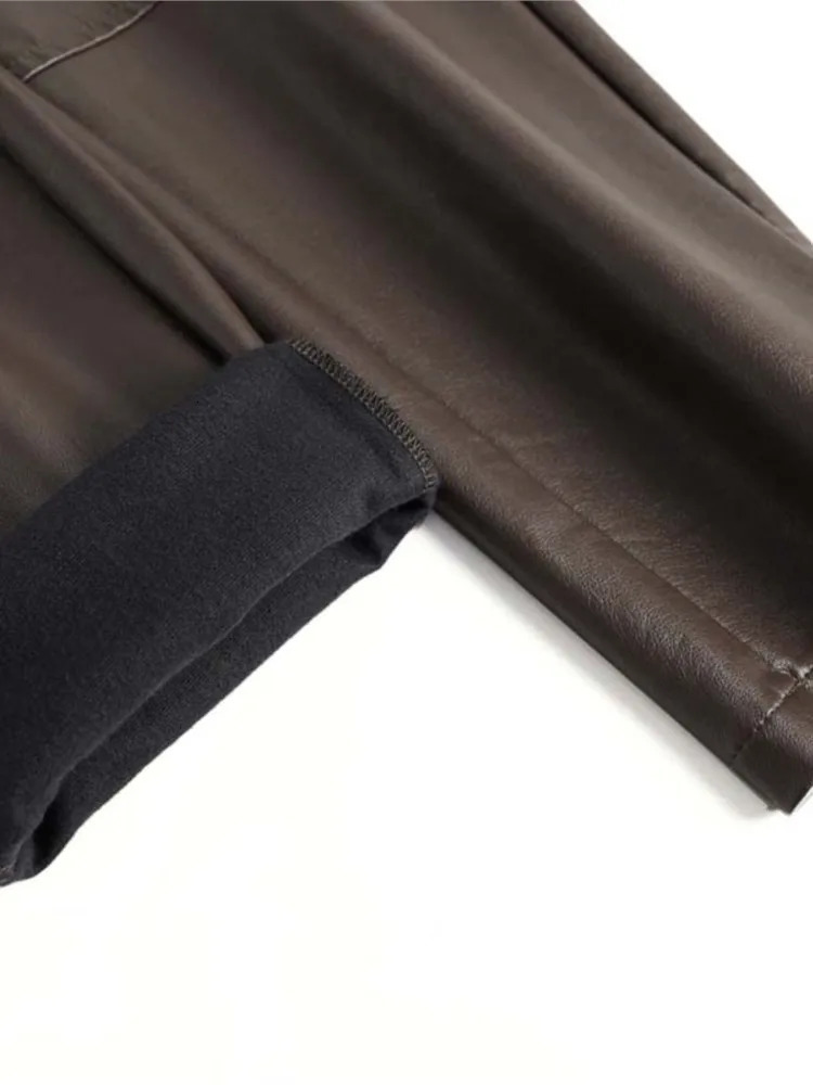 ZUZK Womens PU Leather Pencil Pants High Quality Autumn Winter Elastic Waist Warm Ankle Elegant Trousers 241115