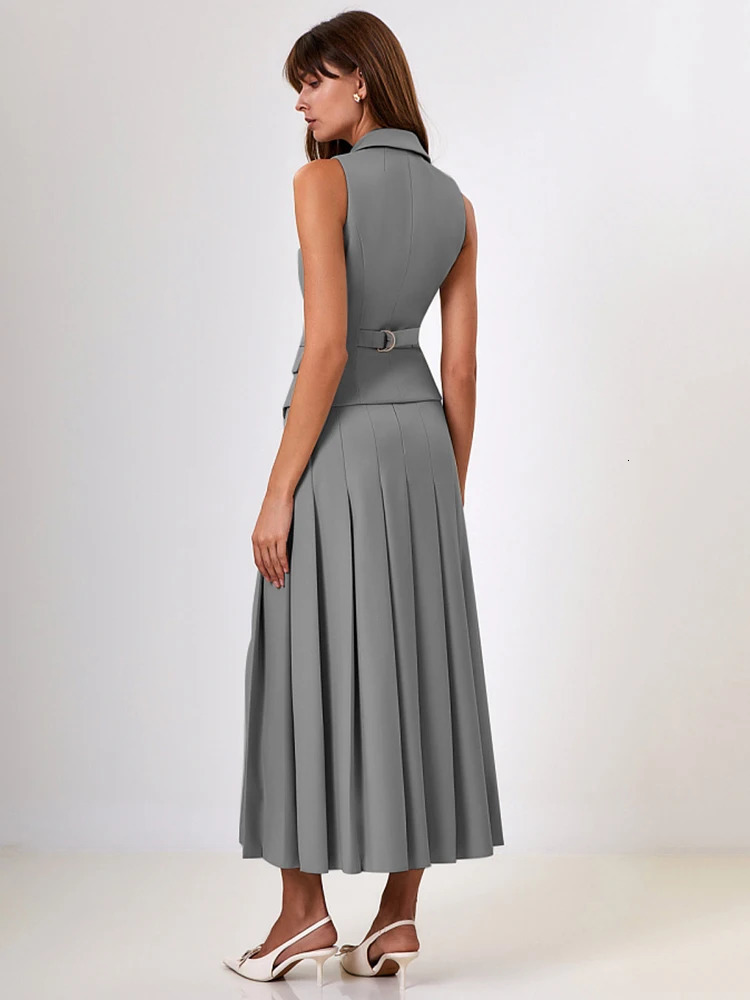 Mozision Autumn Two Piece Sets Women Double-breasted Vest And Split Skirt Matching Sets Fashion Long Pleated Skirt Two Piece Set 241114