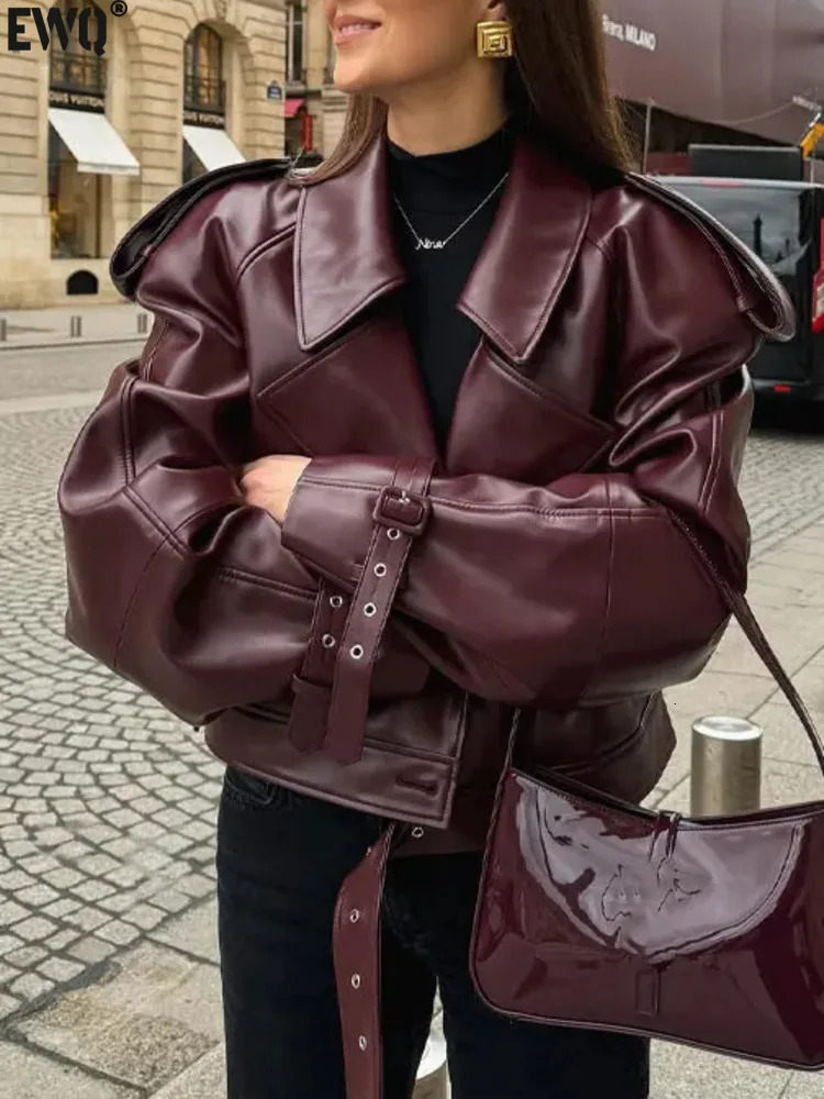 EWQ American Vintage Long Sleeve Short PU Leather Jacket Moto Style Bury Women Biker Coats 2024 Autumn Fashion 16O2287 241115