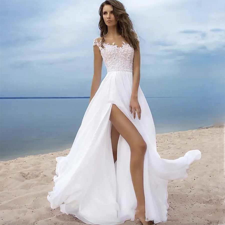 Bohemian A Line Wedding Dresses Beach Chiffon Sheer Neck Lace Appliques Illusion Cap Sleeves Hollow Back High Split Formal Bridal Gow