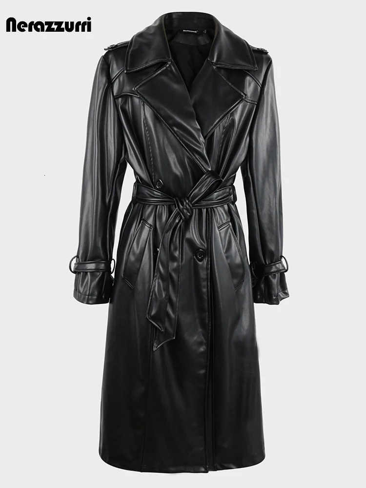 Nerazzurri Autumn Long Waterproof Brown Black Pu Leather Trench Coat for Women Sashes Double Breasted Elegant Clothes 241115