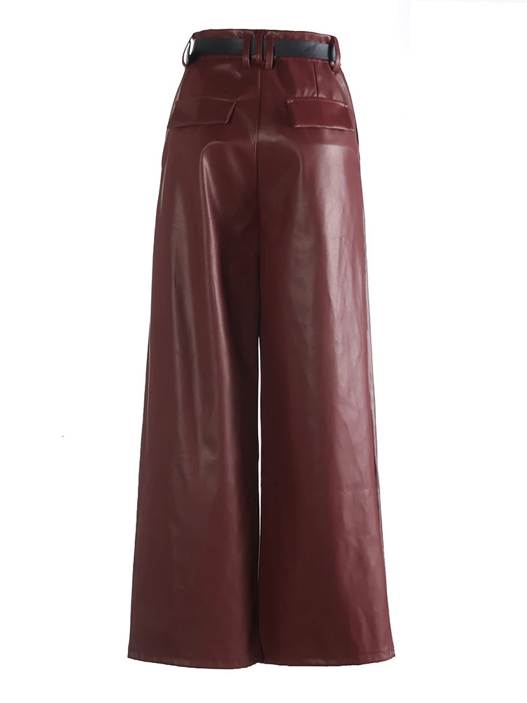 IEQJ High Street Pu Leather Straight Pants Womens Waist Medium Length Fashion Autumn Clothing 3WM2094 241115