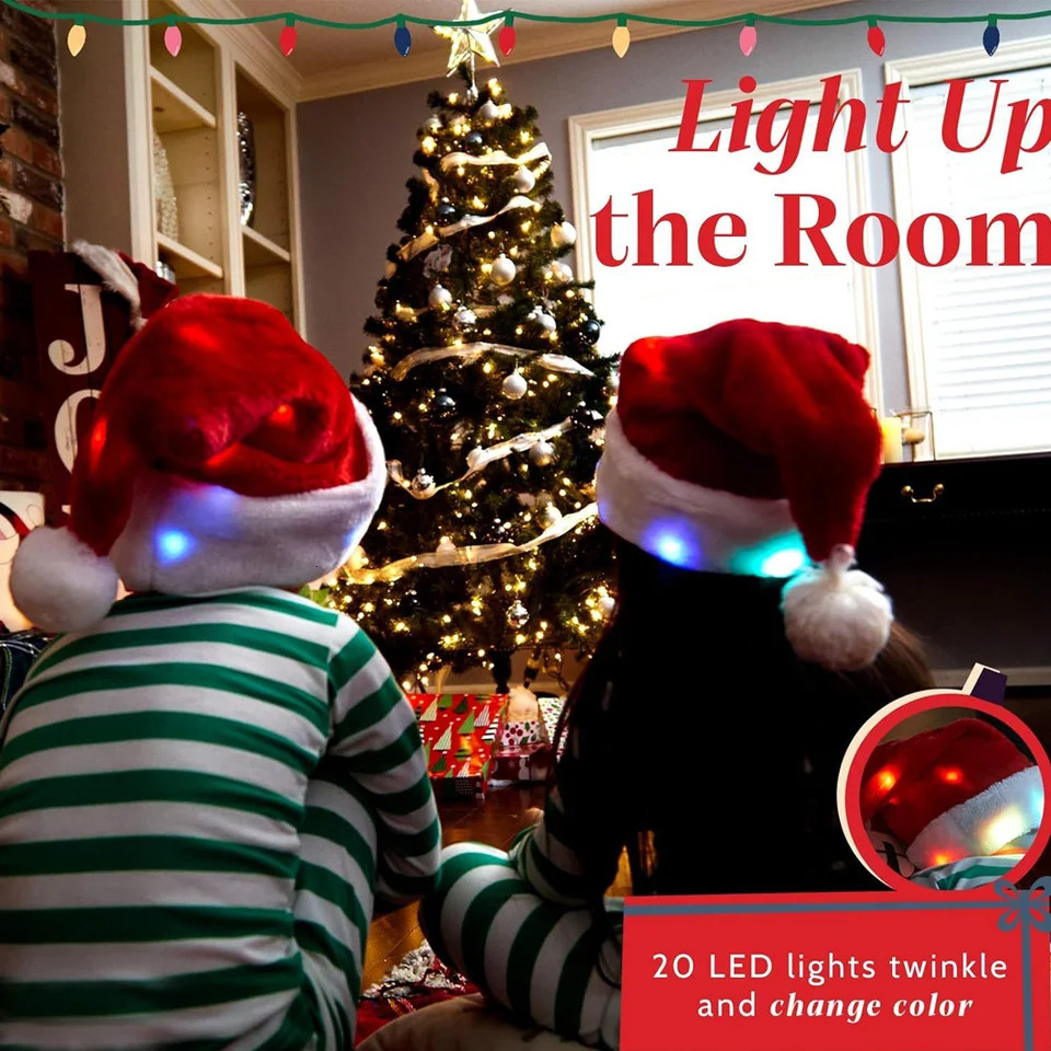 Santa Hat LED Light Year Cute Kids Adults Cap Funny Christmas Hats for Kids Adults Winter Gift Holiday Party Decorate 241115