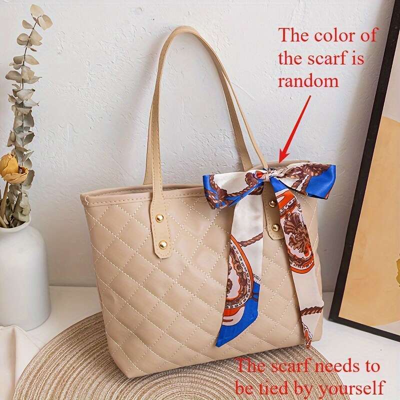 Chic Women's Tote with Scarf - Large Capacity, Quilted Designer Shoulder Bag in Khaki, Brown, White, Pink, Black | Faux Leather, Handwash/Dry Cle
