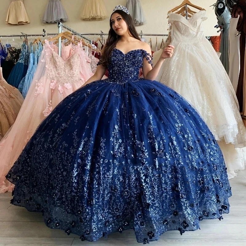 Blue Navy Princess Quinceanera Dresses Off Shoulder Sequin Appliques Lace Crystal Tull Party Birthday Ball Gowns Sweet Dress Vestidos De Anos D