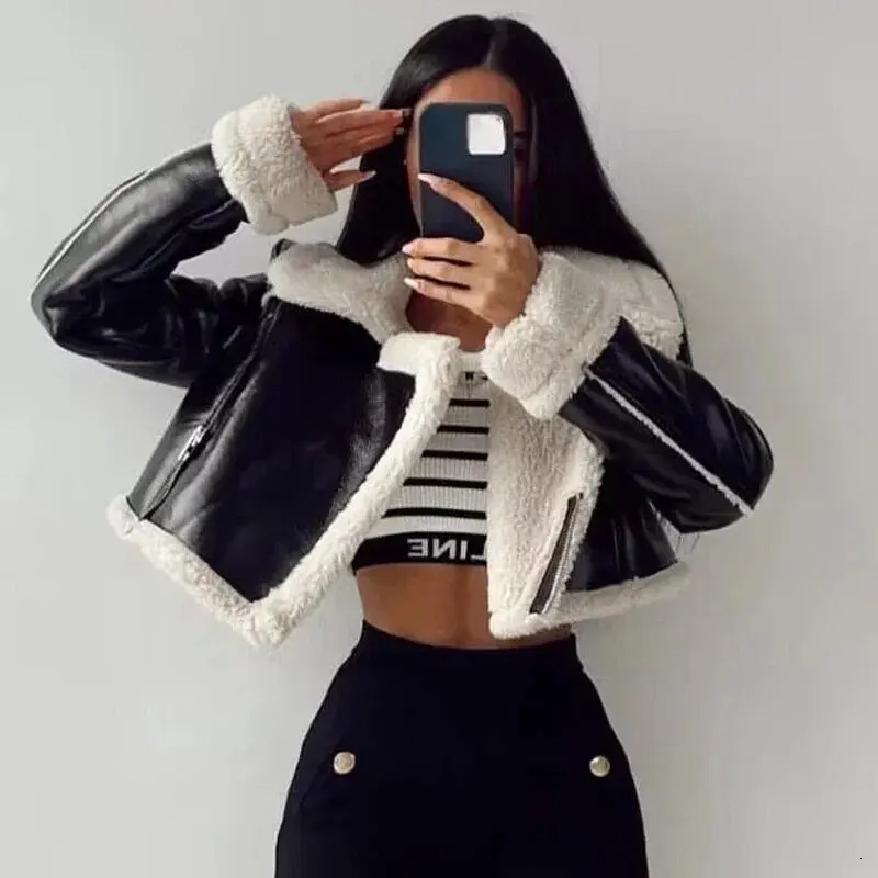 Womens Cropped Leather Jacket Coat Black Wool Blends Coats Bomber Tweed Jacket Autumn Winter Leather and Fur Crop Jacket 241114