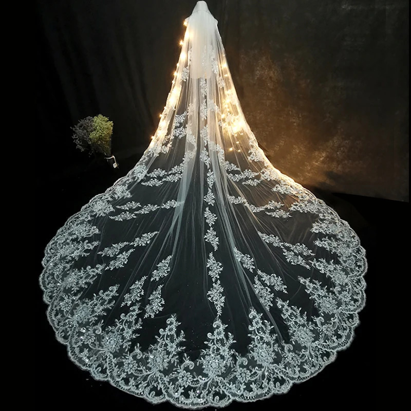 5 meters 4 meters and 3 meters long wedding veil lace decal edge 1 T sheer cathedral veil with comb ivory Velo de Novia Voile Mariee 241115