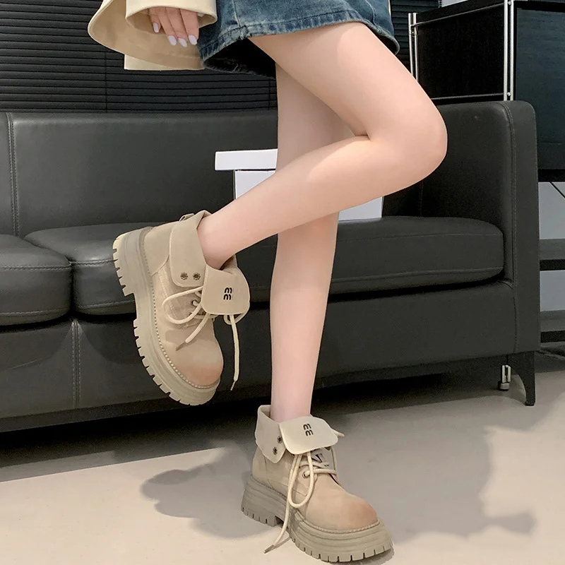 Ankle Woman Cowboy boots Winter Round Toe Lace-up Short Womens Platform Designer Knight Boots Shoes with box