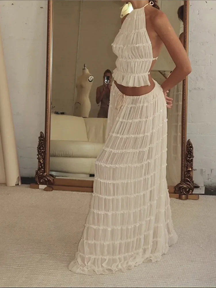 Fashion Long Skirt Set Women Sexy Sleeveless Backless Cropped Halter Top High Waist 2 Piece Sets Lady Chic Beach Dresses 240415