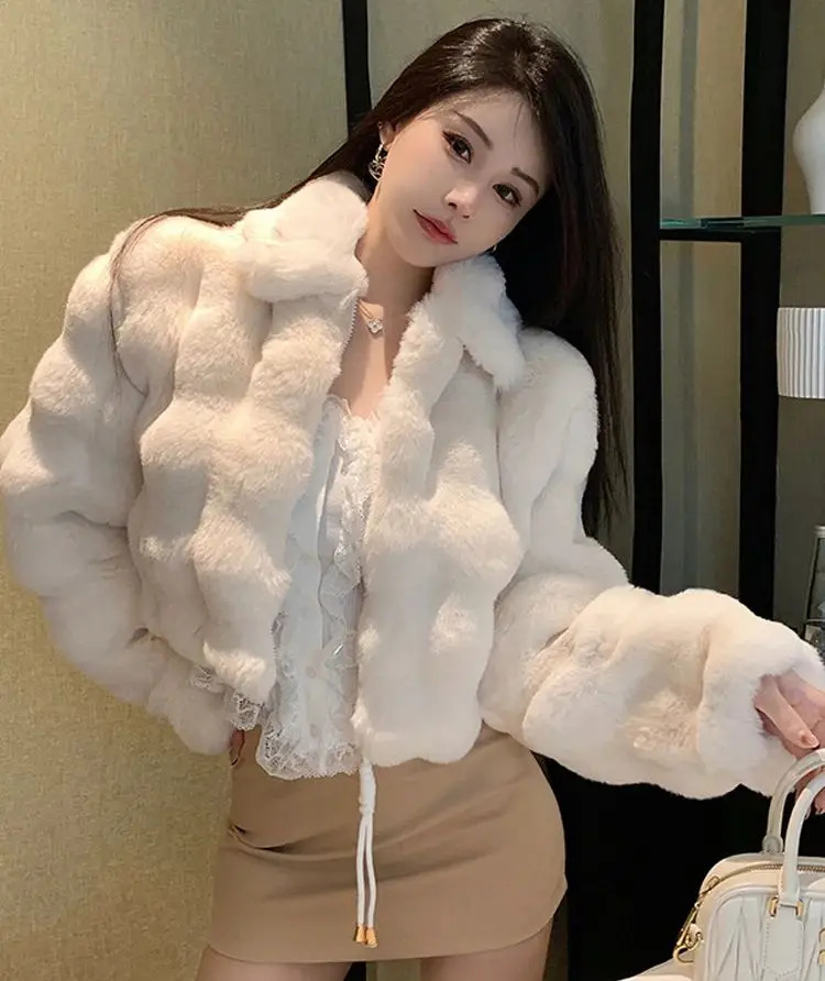 FANIECES Women Plush Faux Fur Short Coat Winter Lapel Zipper Fluffy Rabbit Outerwear 241115