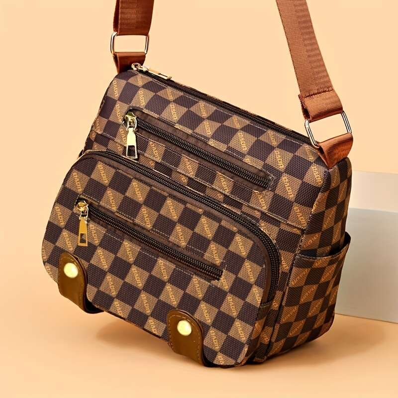 Trendy Plaid Crossbody Bag with Multiple Pockets - Chic Studded Design & Durable Faux Leather for Everyday Style