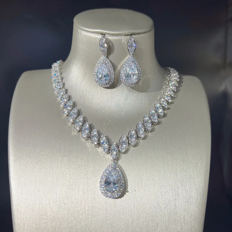 Drip Lab Diamond Jewelry Set 14K White Gold Engagement Wedding Earrings Necklace Female Bride Promise Gift 241115