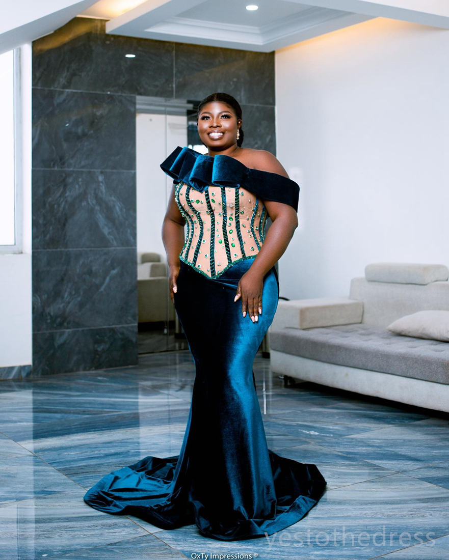 2024 Plus Size Prom Dresses for Black Women Hunter Green One Shoulder Velvet Beaded Crystals Birthday Party Gowns Second Reception Dresses Formal Gala