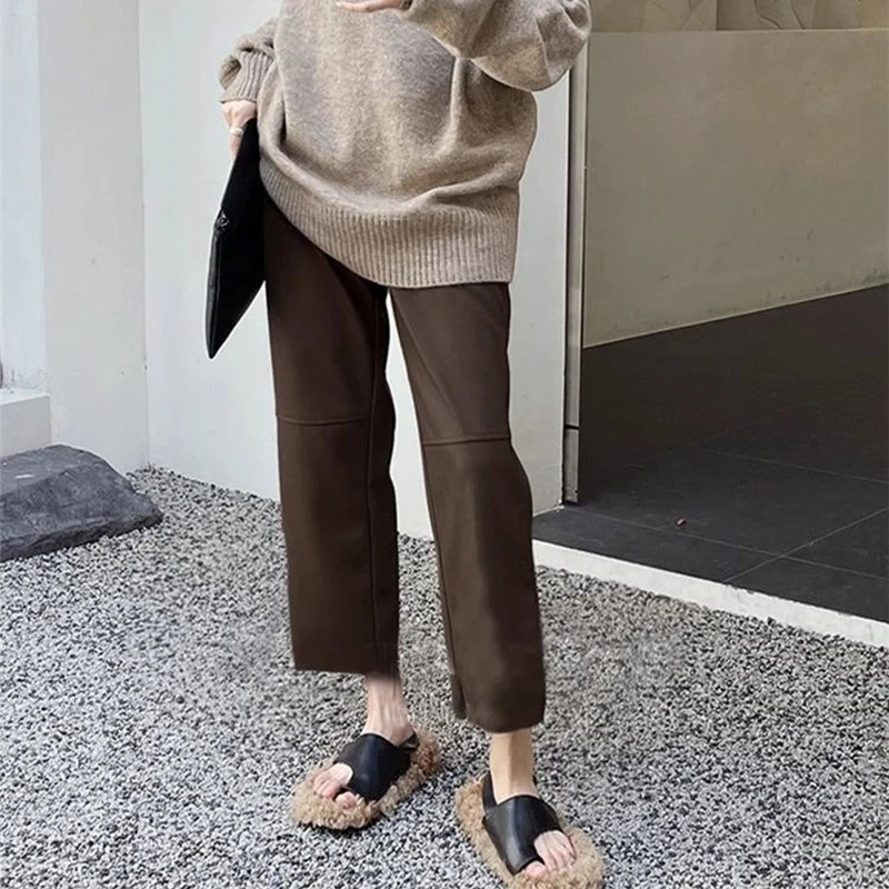 Autumn and Winter High Waist Street Clothing Fashion Retro PU Leather Pants Womens Loose Casual Harajuku Y2K Fully Matched Straight Trousers 241115