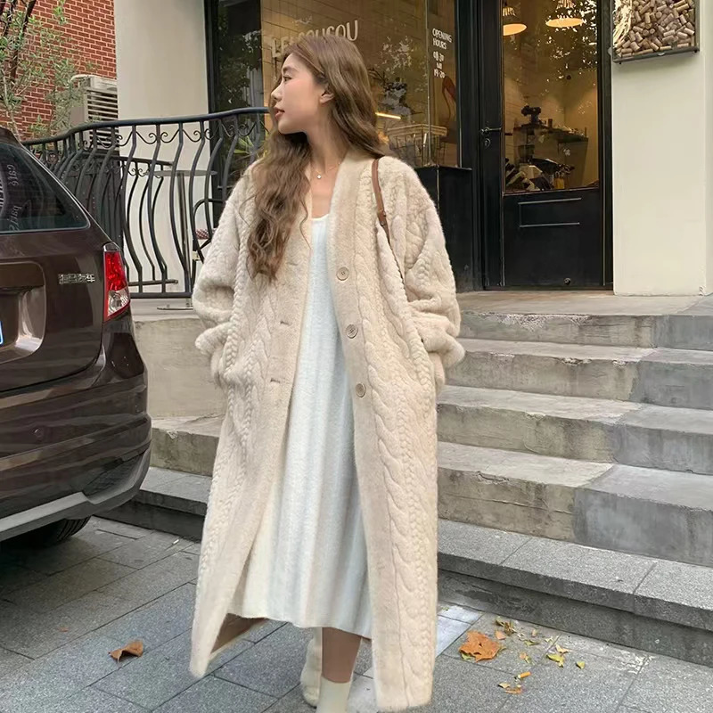 Women Fur Cardigan Thickened Long 2024Autumn Winter Vneck Jacket Female Loose Simple Leisure With Buttons Casual Faux Coat 241115