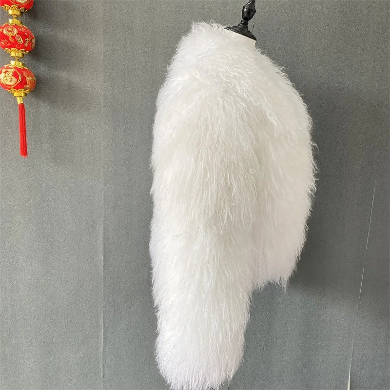 Mongolian Fur Coats lapel Jacket Women Elegant White Fluffy Solid Thicken Warm Long Sleeves Winter Chic Oversize Lady 241115