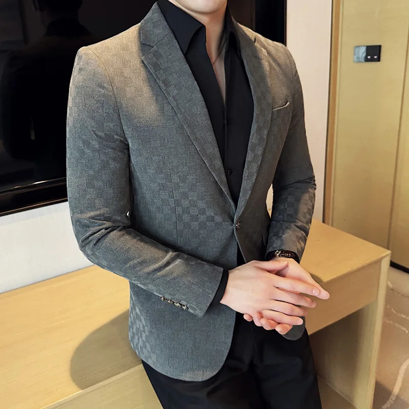 Spring Checkered Jacket Mens Single Chest Casual Business Set Jacket Fashion Ultra Thin Social Banquet Wedding Dress 241114